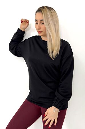 Siyah Düz Basic Kolu Lastikli Sweatshirt Siyah