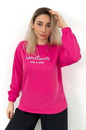 Yazı Nakışlı Fuşya İşemeli Kolu Lastikli Sweatshirt Fuşya