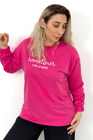 Yazı Nakışlı Fuşya İşemeli Kolu Lastikli Sweatshirt Fuşya