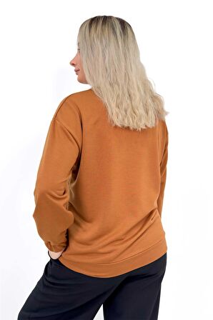 Yazı Nakışlı Kahverengi İşemeli Kolu Lastikli Sweatshirt Kahverengi