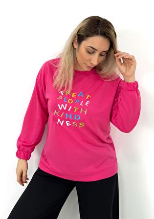 Renkli Yazı İşlemelifuşya Kolu Lastikli Sweatshirt Fuşya