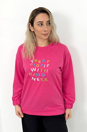 Renkli Yazı İşlemelifuşya Kolu Lastikli Sweatshirt Fuşya