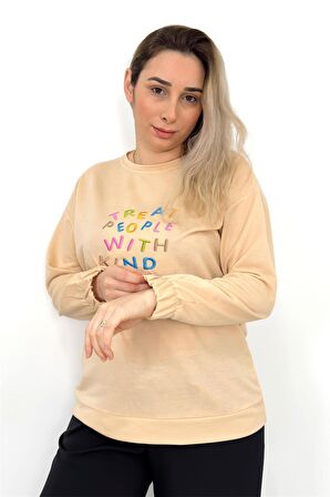 Renkli Yazı İşlemeli Vizon Kolu Lastikli Sweatshirt Vizon