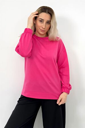 Fuşya Düz Basic Kolu Lastikli Sweatshirt Fuşya