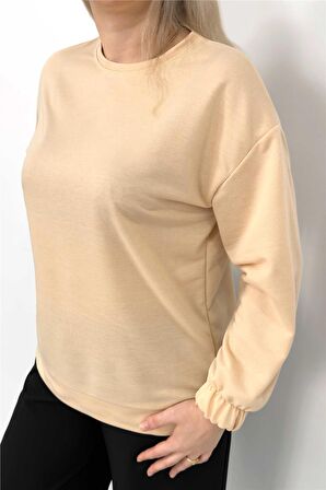 Vizon Düz Basic Kolu Lastikli Sweatshirt Vizon