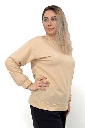 Vizon Düz Basic Kolu Lastikli Sweatshirt Vizon