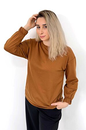 Kahverengi Düz Basic Kolu Lastikli Sweatshirt Kahverengi