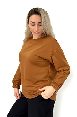 Kahverengi Düz Basic Kolu Lastikli Sweatshirt Kahverengi