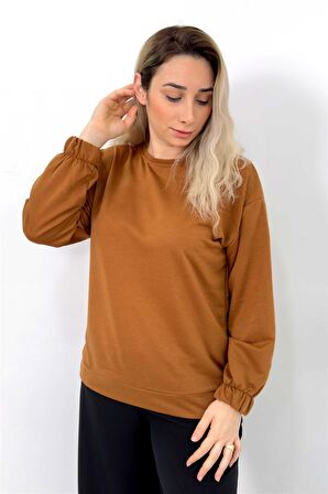 Kahverengi Düz Basic Kolu Lastikli Sweatshirt Kahverengi