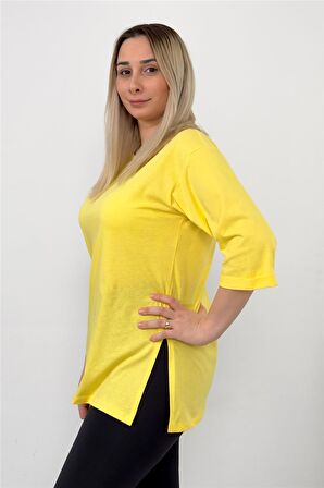 Uzun Yanı Yırtmaçlı Oversize Düz Basic Bisiklet Yaka Sarı Tshirt