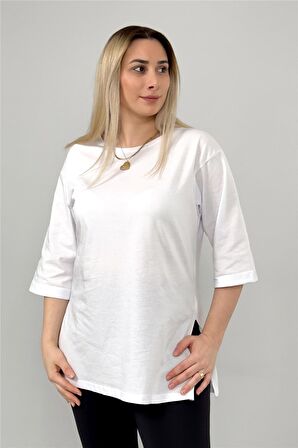 Uzun Yanı Yırtmaçlı Oversize Düz Basic Bisiklet Yaka Beyaz Tshirt