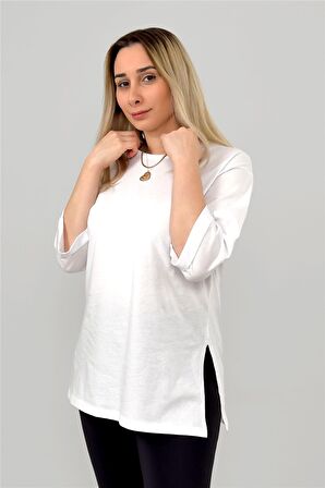 Uzun Yanı Yırtmaçlı Oversize Düz Basic Bisiklet Yaka Beyaz Tshirt