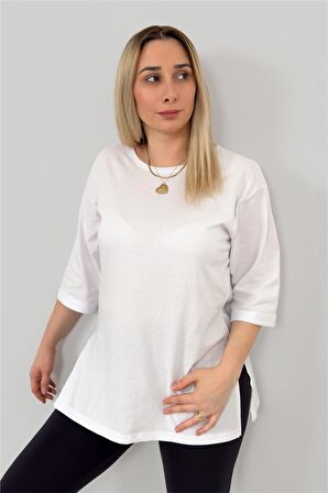 Uzun Yanı Yırtmaçlı Oversize Düz Basic Bisiklet Yaka Beyaz Tshirt