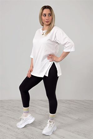 Uzun Yanı Yırtmaçlı Oversize Düz Basic Bisiklet Yaka Beyaz Tshirt