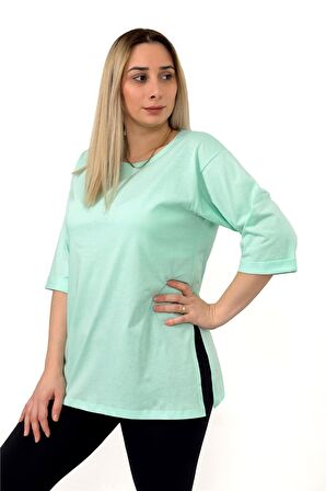 Uzun Yanı Yırtmaçlı Oversize Düz Basic Bisiklet Yaka Mint Yeşil Tshirt