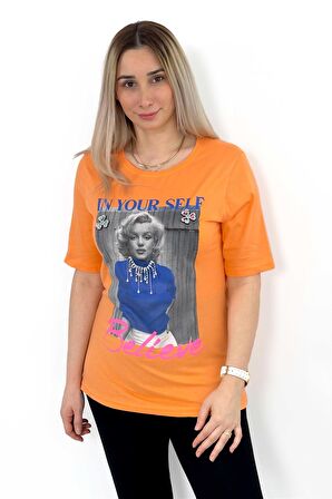 Kısa Kollu Baskılı Taş Aksesuarlı Oranj Bisiklet Yaka Tshirt