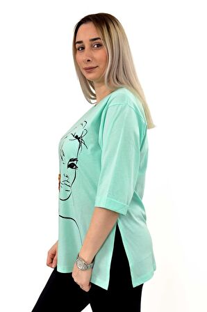 Uzun Yanı Yırtmaçlı Küpe Aksesuarlı Oversize Bisiklet Yaka Mintyeşili Tshirt