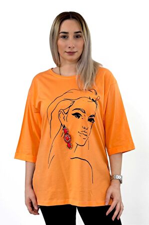 Uzun Yanı Yırtmaçlı Küpe Aksesuarlı Oversize Bisiklet Yakaoranj Tshirt