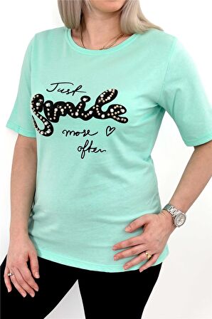 Kısa Kollu Smile Baskılı Boncuk Detaylı Bisiklet Yaka Mintyeşil Tshirt