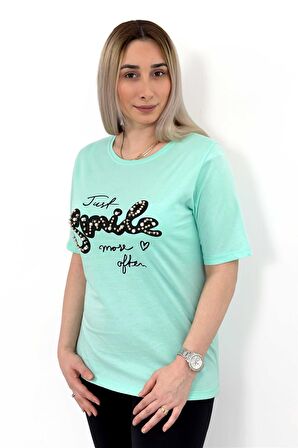 Kısa Kollu Smile Baskılı Boncuk Detaylı Bisiklet Yaka Mintyeşil Tshirt