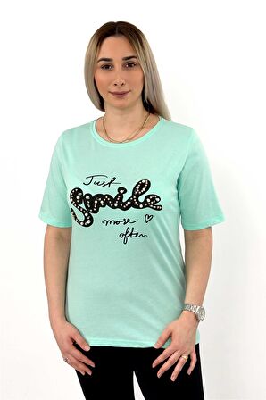 Kısa Kollu Smile Baskılı Boncuk Detaylı Bisiklet Yaka Mintyeşil Tshirt