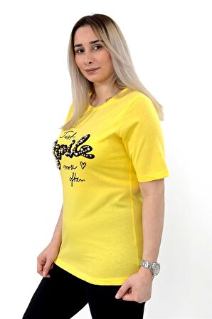 Kısa Kollu Smile Baskılı Boncuk Detaylı Bisiklet Yaka Sarı Tshirt