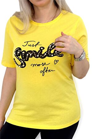 Kısa Kollu Smile Baskılı Boncuk Detaylı Bisiklet Yaka Sarı Tshirt