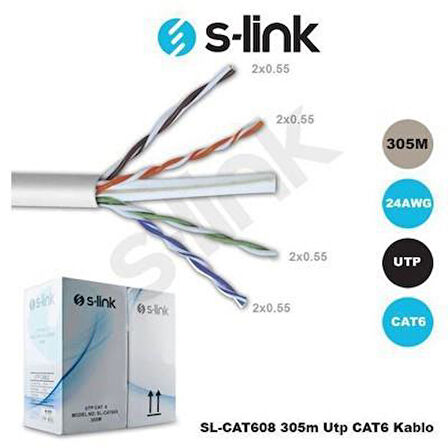 S-LINK SL-CAT608 CAT6 305m 24AWG UTP 4P*0.50MM CAT6 CCA GRİ NETWORK KABLOSU