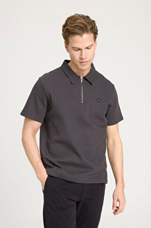 Yarım Fermuarlı Polo T-shirt Faded Black