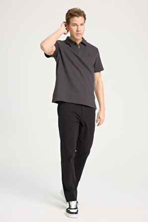 Yarım Fermuarlı Polo T-shirt Faded Black