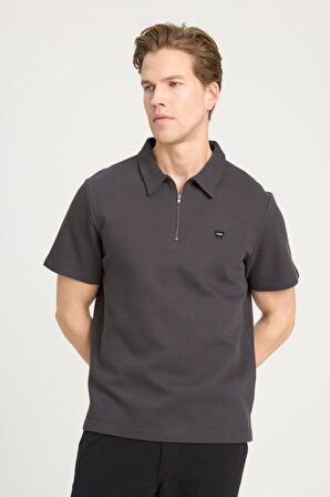 Yarım Fermuarlı Polo T-shirt Faded Black