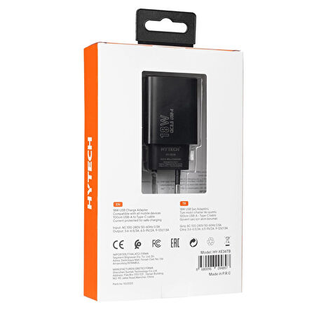 Hytech 3.0 Quick Hızlı Şarj Adaptörü + USB A 18W 2.4A Type-C Kablo 1M