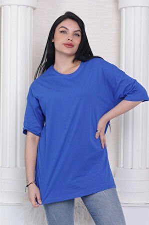 Süper Kalite Unisex Sax Mavisi Pamuk Bisiklet Yaka Oversize Boyfriend T-shirt Kadın Erkek