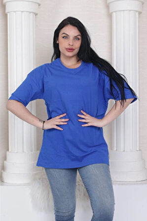 Süper Kalite Unisex Sax Mavisi Pamuk Bisiklet Yaka Oversize Boyfriend T-shirt Kadın Erkek