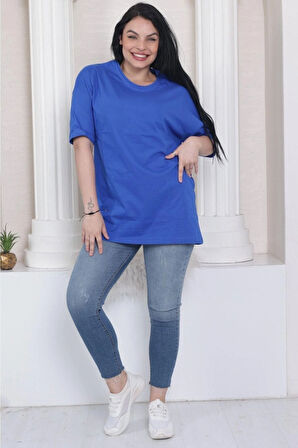 Süper Kalite Unisex Sax Mavisi Pamuk Bisiklet Yaka Oversize Boyfriend T-shirt Kadın Erkek
