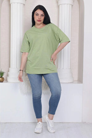 Süper Kalite Unisex Pamuk Yeşil Bisiklet Yaka Oversize Boyfriend T-shirt Kadın Erkek