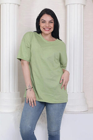 Süper Kalite Unisex Pamuk Yeşil Bisiklet Yaka Oversize Boyfriend T-shirt Kadın Erkek