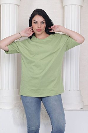 Süper Kalite Unisex Pamuk Yeşil Bisiklet Yaka Oversize Boyfriend T-shirt Kadın Erkek