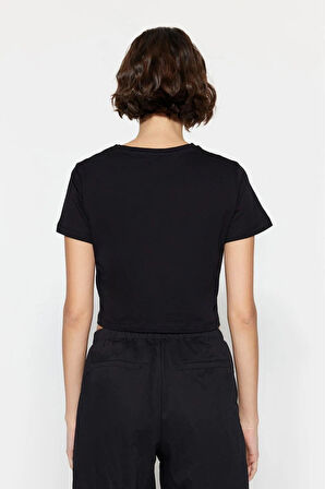 Kadın %100 Organik Pamuk Penye Siyah Kısa Kol Basic Crop