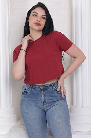 Süper kalite kadın pamuk penye bordo kısa kol crop top