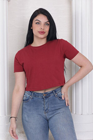 Süper kalite kadın pamuk penye bordo kısa kol crop top