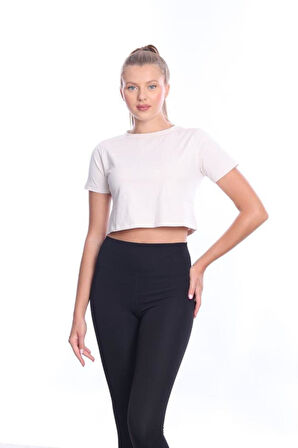 Süper Kalite Kadın Pamuk Penye Bej Rengi Kısa Kol Crop Top
