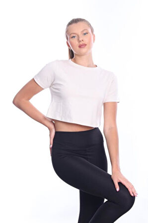Süper Kalite Kadın Pamuk Penye Bej Rengi Kısa Kol Crop Top