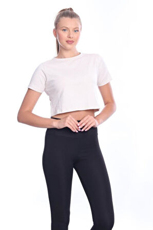Süper Kalite Kadın Pamuk Penye Bej Rengi Kısa Kol Crop Top