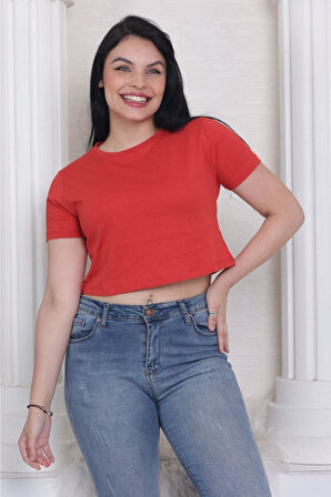 Süper kalite kadın pamuk penye kırmızı kısa kol crop top
