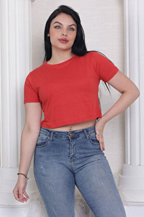 Süper kalite kadın pamuk penye kırmızı kısa kol crop top