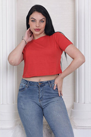 Süper kalite kadın pamuk penye kırmızı kısa kol crop top