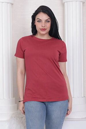 %100 Pamuk süper kalite kadın tişört düz renk bordo bisiklet yaka organik pamuk penye t-shirt