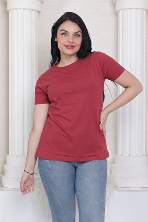 %100 Pamuk süper kalite kadın tişört düz renk bordo bisiklet yaka organik pamuk penye t-shirt