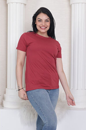 %100 Pamuk süper kalite kadın tişört düz renk bordo bisiklet yaka organik pamuk penye t-shirt